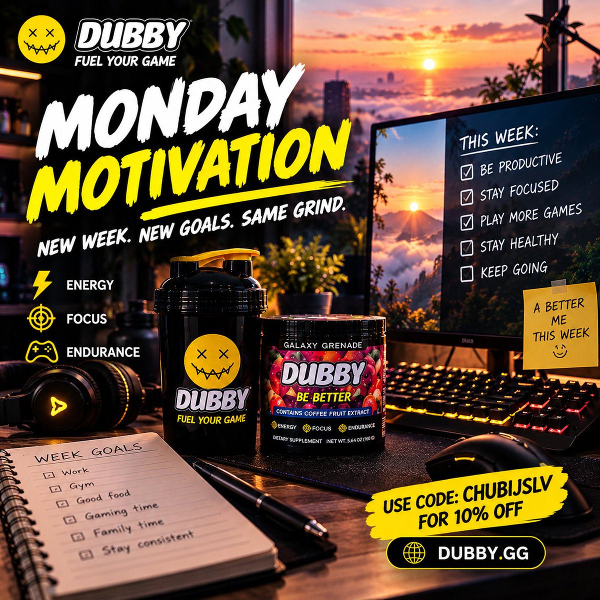 OsiiCs's tweet photo. ⚡ NEW WEEK. NEW GOALS. NEW GRIND.
Monday is a fresh start.
Set your goals. Stay focused. Keep moving. 💪
Whatever you’re grinding for this week — go get it. 🎮🏋️♂️
🎟️ CHUBIJSLV — 10% OFF
🌐 https://t.co/EWH5ymY5Bq @DubbyEnergy
#MondayMotivation #Dubby #DubbyEnergy #Gaming #Gamer https://t.co/gbIiasCxqa