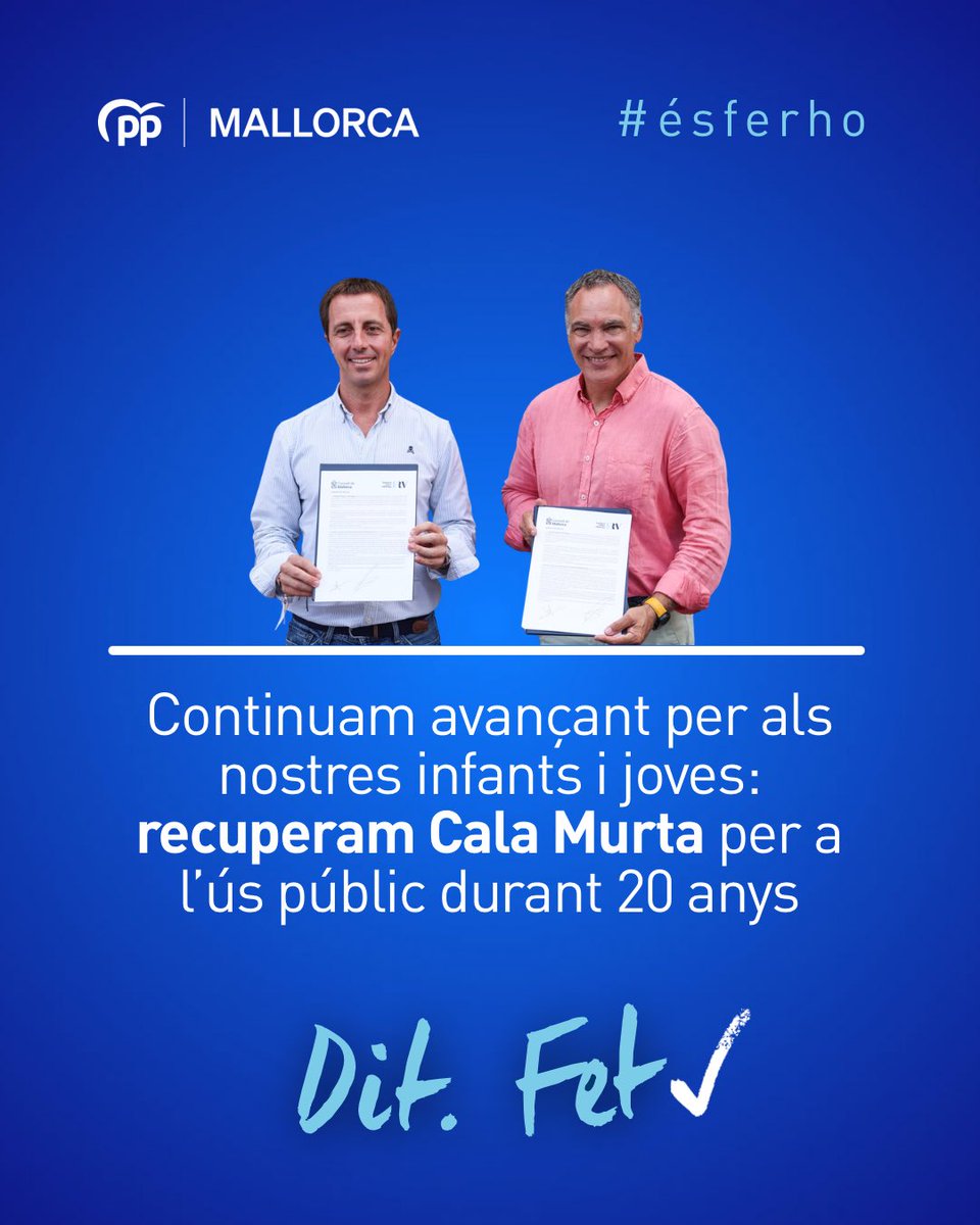 PPdeMallorca's tweet photo. ✅ Recuperam Cala Murta per als infants i joves de Mallorca.

El govern de @Ll_Galmes recupera per a l’ús públic, durant els pròxims 20 anys, aquest històric campament de Formentor, ampliant l’oferta pública i tornant a donar vida a un espai privilegiat de la Serra de Tramuntana.

🌿 Més oportunitats perquè els nostres infants i joves coneguin, disfrutin i aprenguin a estimar i protegir el nostre patrimoni natural.

Recuperar allò que és nostre i posar-ho al servei de la gent d’aquí. 💙

Dit. Fet. 

#ésferho