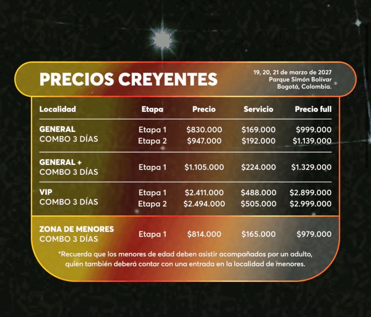 musictrendscol's tweet photo. 🚶🏻‍♂️CREYENTES #FEP2027 🚶🏻‍♂️

✨ PREVENTA AVAL Y DALE!, MAÑANA 12:00PM 

✨ VENTA GENERAL, JUEVES 12:00PM 

Entradas en @Ticketmastercol 🎫

Precios y etapas de venta 👇🏻 https://t.co/HFiCEFcKsT