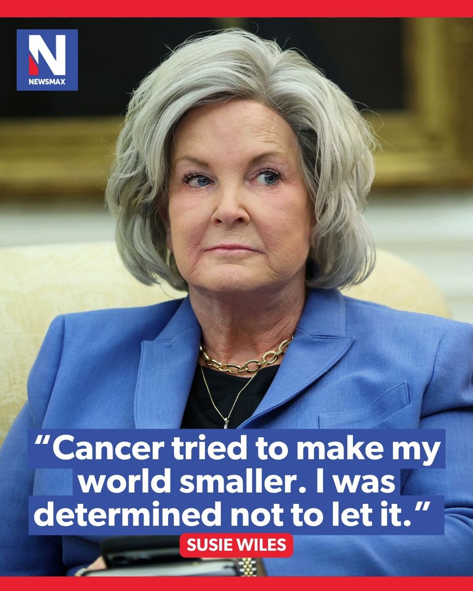 NEWSMAX's tweet photo. WILES’ CANCER FIGHT: White House chief of staff Susie Wiles reflected on X Sunday about her fight against cancer and expressed gratitude to everyone who supports her, including President Trump.

“I am incredibly grateful to be cancer-free, and even more grateful for President Trump, my family, friends, colleagues, medical team and faith that carried me through the hardest days.” — Susie Wiles