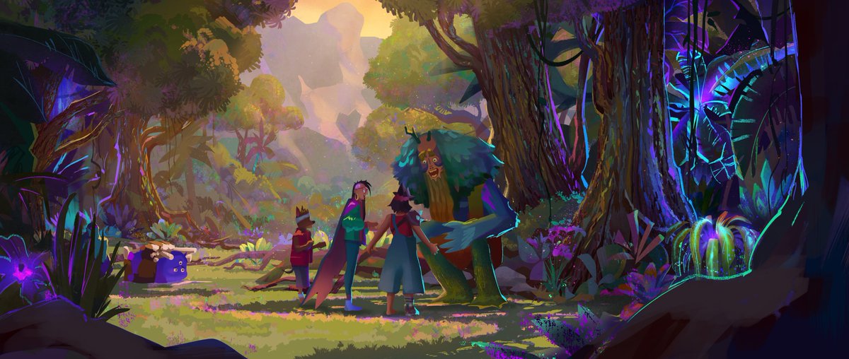 chelseablecha's tweet photo. Sharing some work from my time on the incredible art team of Forgotten Island!! This exploration piece was one of my favorite assignments- figuring out what the black light could feel like in the shade at Kapre Village. #ForgottenIsland #DreamWorks #conceptart #visualdevelopment https://t.co/iC5N5mdL6r