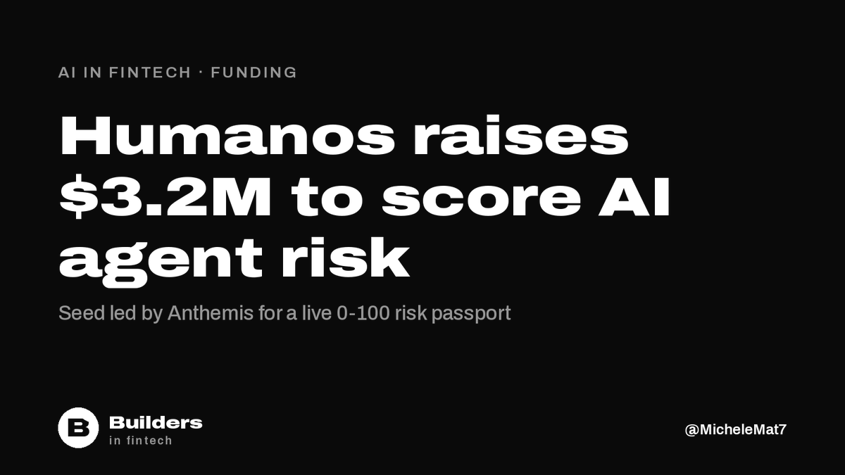 MicheleMat7's tweet photo. Humanos raises a $3.2M seed led by Anthemis, with Springbank, Critical Ventures and Start Ventures. The Lisbon startup gives each AI agent a live 0-100 risk score in a risk passport that insurers and lenders use to underwrite it. It says it is deployed at 350+ companies. https://t.co/9U8oRjXn9j