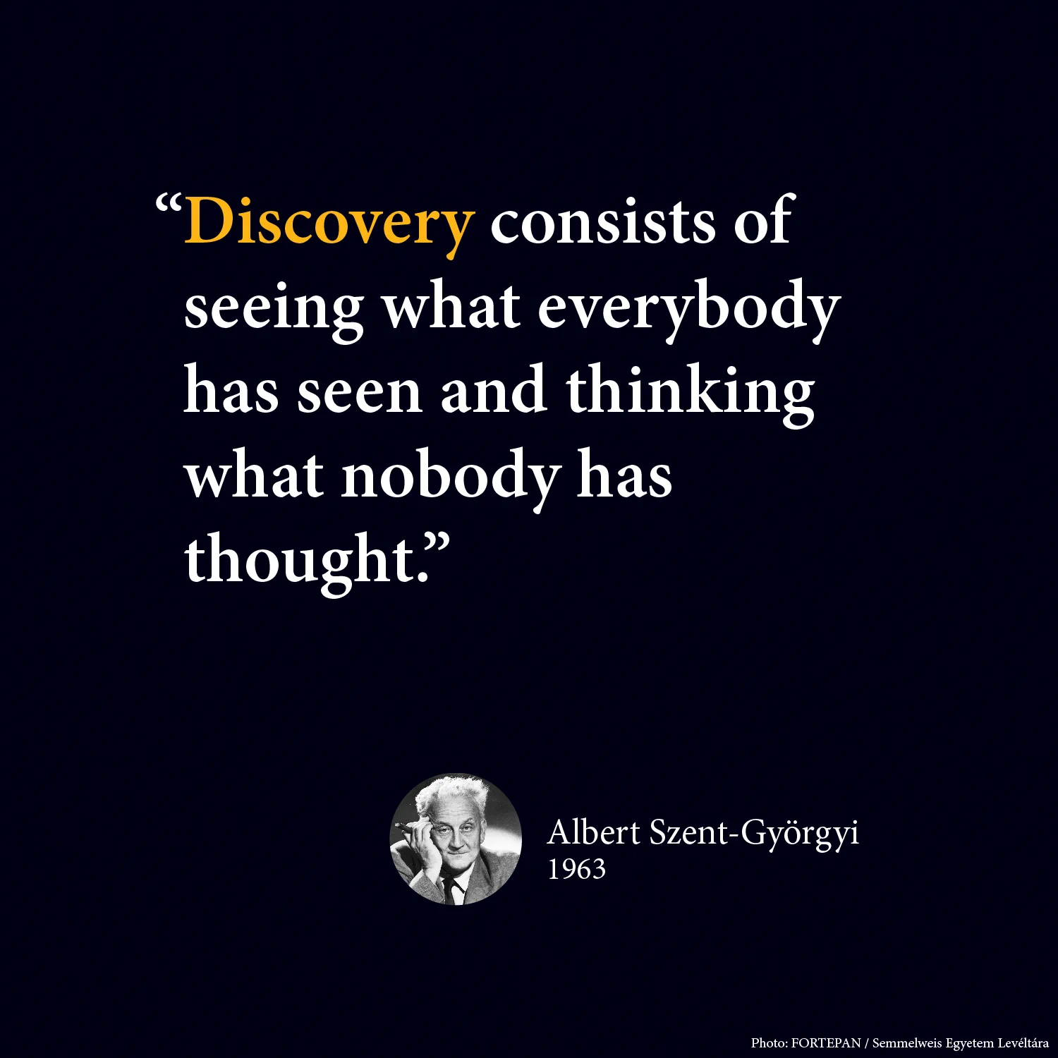 Graphic states: "Discovery consists of seeing what everybody has seen and thinking what nobody has thought." - Albert Szent-Györgyi. Photo of inventor, Albert Szent-Györgyi, under the quote. 