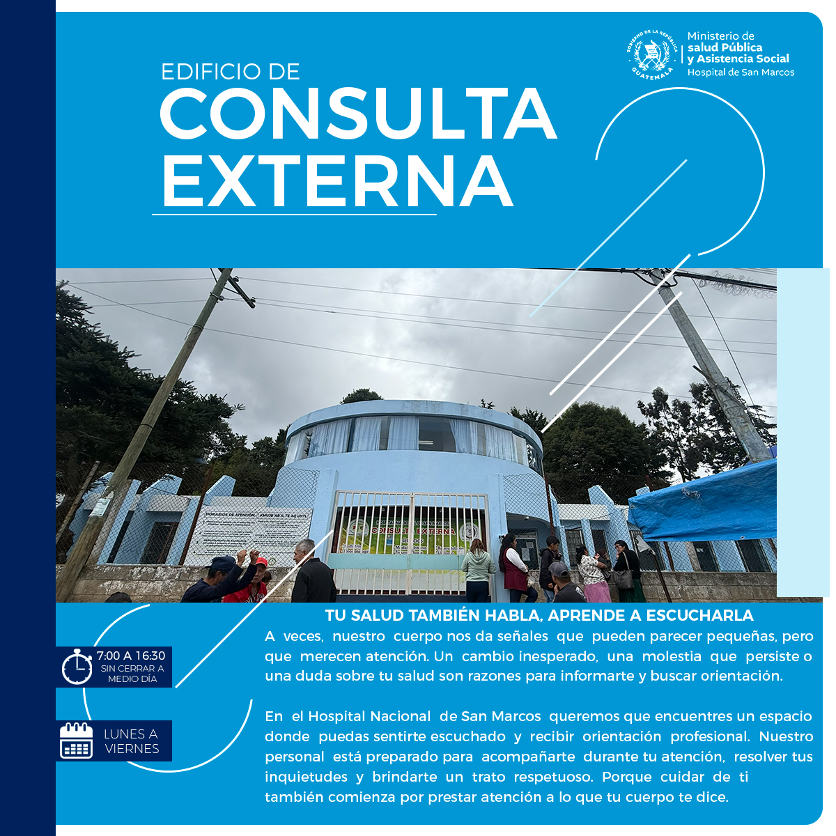 HNSMSocial's tweet photo. 💙 Tu salud merece ser escuchada. Una molestia, un cambio o una duda son razones para buscar orientación. En Consulta Externa del HNSM contamos con personal dispuesto a acompañarte durante tu atención.

#HospitalNacionalDeSanMarcos #ConsultaExterna https://t.co/PRCWwGf9BR