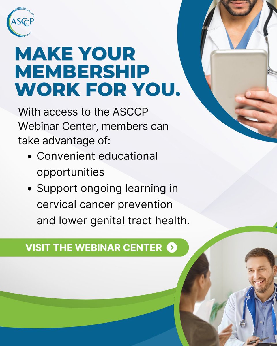 ASCCP's tweet photo. 🎓 Make your ASCCP membership work for you!
Access convenient, expert-led education through the ASCCP Webinar Center and stay up to date on cervical cancer prevention, screening, colposcopy &amp; lower genital tract health—on your schedule.
🔗 https://t.co/J7lcYlnyHW https://t.co/KcSslqhK3D