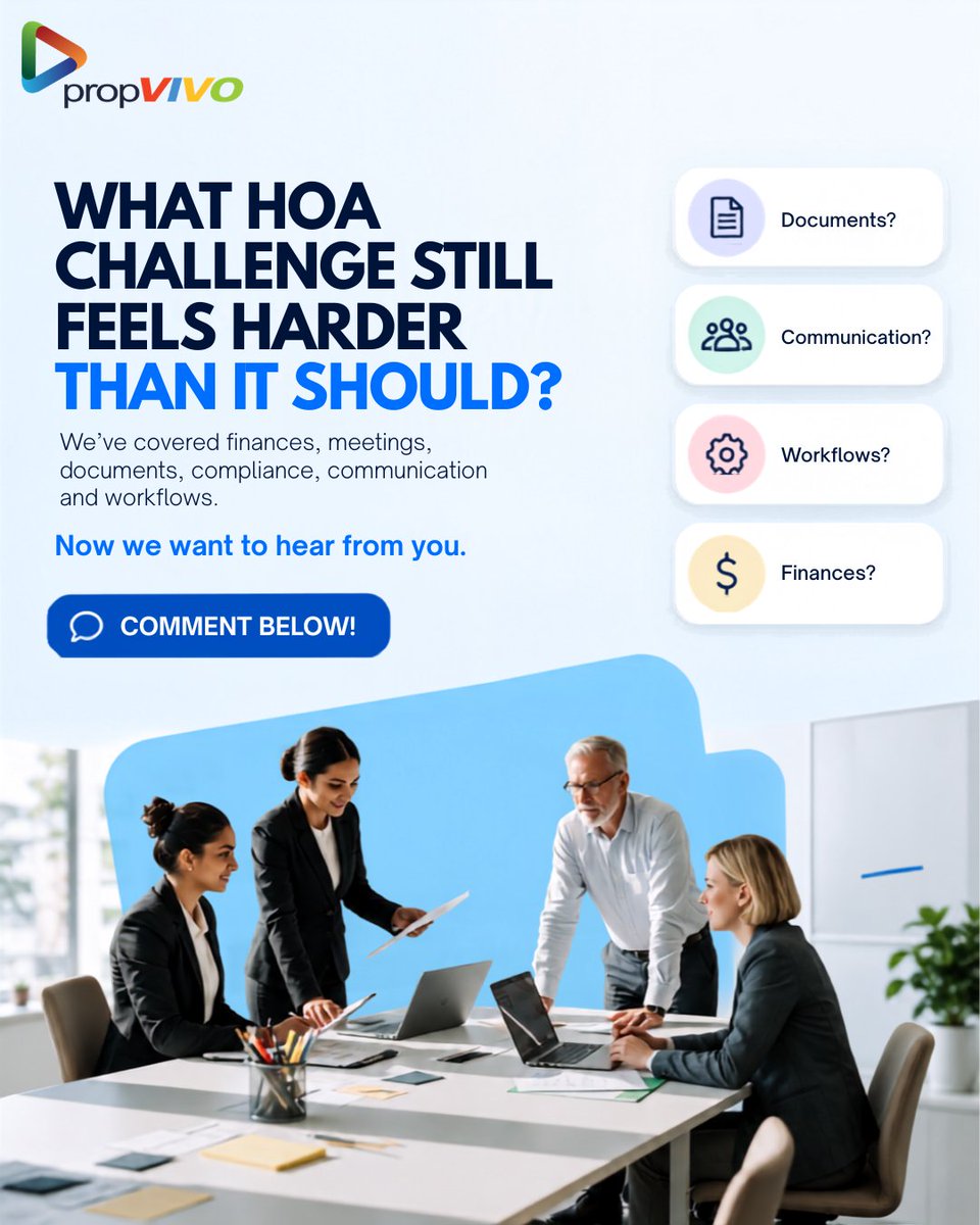 propvivo's tweet photo. We’ve covered finances, meetings, documents, compliance, ARC and task accountability. 

What HOA challenge still feels harder than it should?

#HOAManagement #PropertyManagement #CommunityAssociations #PropVIVO https://t.co/a7C9Dyk4OQ