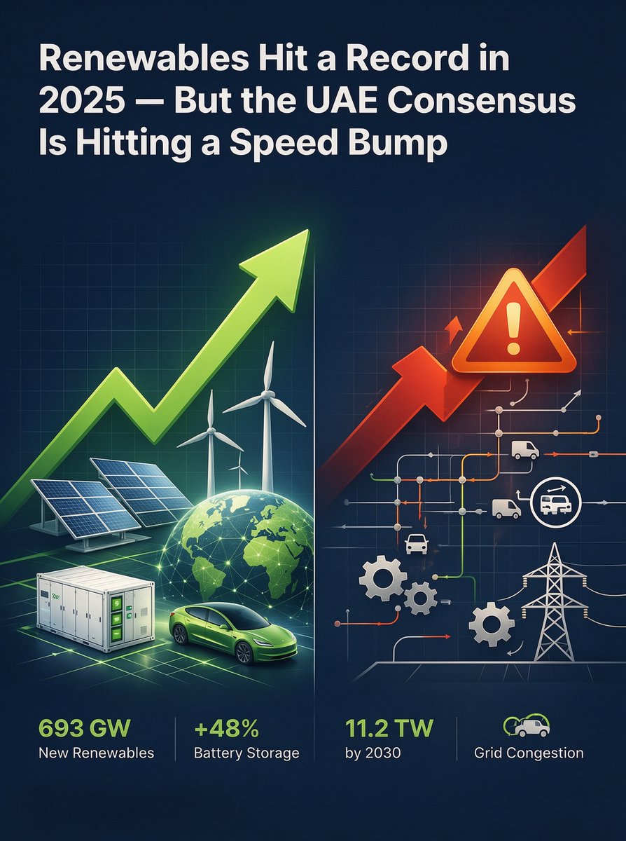 SNECPVPOWEREX's tweet photo. 2025 was a blockbuster year for clean energy. Here's what the new IRENA report tells us:

📊 The good news:
• 693 GW of new renewable capacity added — an all-time record, up 15.5%
• Solar PV alone delivered 513 GW, now 46% of global renewable capacity
• Renewables saved the global economy USD 480 B in fossil fuel costs
• Battery storage surged 48% (+112 GW), with costs down 30% year-on-year
• EVs hit a record 26% of global new car sales

⚠️ The catch:
• The 3× renewables target (11.2 TW by 2030) still has a 0.6 TW gap
• We need to nearly double annual additions to ~1.2 TW/year through 2030
• Energy efficiency is the weak link ��� only 1.7% improvement vs. the 4% required
• Grid congestion and interconnection queues are choking deployment
• Without modernized grids, curtailment will erode the benefits of new capacity

SNEC's Insights:

The renewable energy story in 2025 is one of spectacular supply growth colliding with infrastructure and efficiency bottlenecks. China alone added 61 GW of battery storage — nearly half of the global total — underscoring how Asian manufacturing and deployment capacity is reshaping the energy transition.

Two signals matter most for the industry:

1️⃣ Storage is no longer optional. Battery costs have fallen 95% since 2010–2015, and with 112 GW added in a single year, BESS is becoming the default flexibility partner for wind and solar. Data centers, grid operators and industrial users are all converging on the same solution.

2️⃣ Efficiency and grids are the next battleground. Building more solar panels alone won't get us to 11.2 TW. The report is clear: modernizing grids, streamlining permits, and electrifying buildings, transport and industry are now the binding constraints. COP31 in Antalya putting electrification at its center is a smart pivot.

The transition is winning on economics — renewables are the cheapest source of new electricity in 90% of markets. The question now is whether policymakers can move fast enough to unlock the capacity already waiting in project pipelines.

What's your read on the biggest bottleneck — grids, finance, or policy? Drop it in the comments.

Source: IRENA
Download Free Report: 
https://t.co/isAWwiJM4k

#RenewableEnergy #EnergyTransition #SolarPower #WindEnergy #BESS #BatteryStorage #EnergyEfficiency #COP31 #UAE Consensus #CleanEnergy #EnergyStorage #NetZero #GreenEnergy