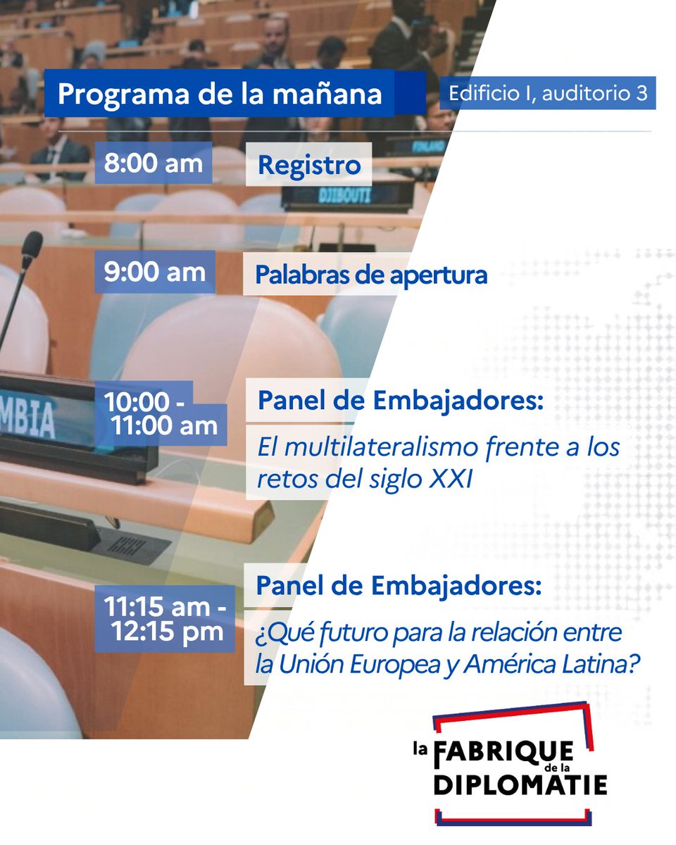 France_Colombia's tweet photo. 🤝 13 de octubre: Primera Fábrica de la Diplomacia en Bogotá.

Paneles con embajadores de 🇪🇺 y América Latina, la Cancillería y la ONU, talleres interactivos y la final del concurso "180 segundos" 🎤

Organizan: Embajada de Francia 🇫🇷, UE 🇪🇺, Externado y CEF. https://t.co/75nvV0IMg8
