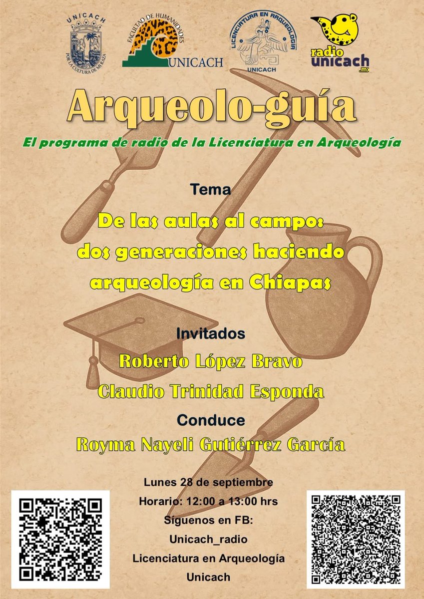 Unicachfm's tweet photo. #VCF #ARQUEOLOGÍA#ARQUEOLO-GUÍA.
Tema: De las aulas al campo: dos generaciones haciendo arqueología en Chiapas.
Conduce: Royma Nayeli Gutiérrez García.
Invitados: Roberto López Bravo y Claudio Trinidad Esponda. https://t.co/OYP6euOFdo 12hrs. https://t.co/Gxh5WbjZH8