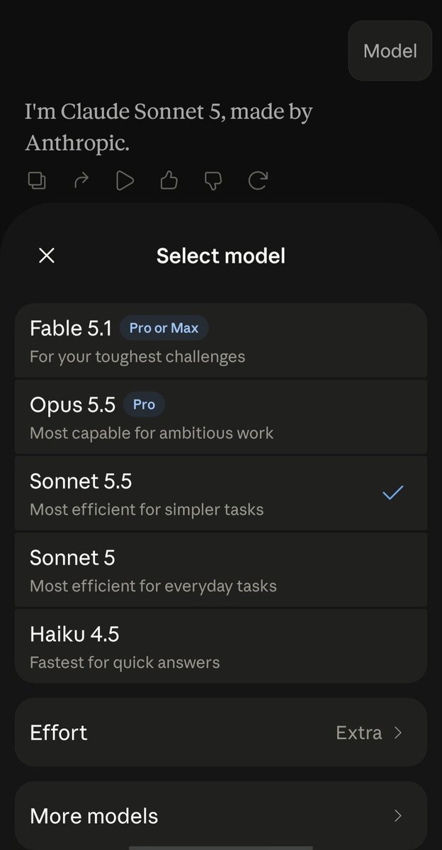 Ahxrei's tweet photo. Sonnet 5.5 is literally free in Claude app 👀 https://t.co/ytJhBQHJNd