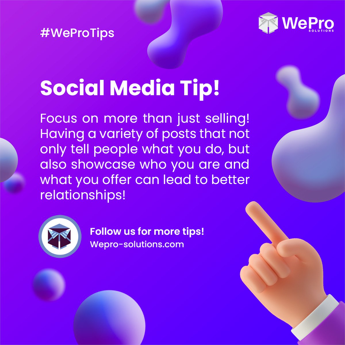 WeProLLC's tweet photo. Social media tip 💫

Focus on more than just selling! Having a variety of posts that not only tell people what you do, but also showcase who you are and what you offer can lead to better relationships! https://t.co/grcxZqjGk8