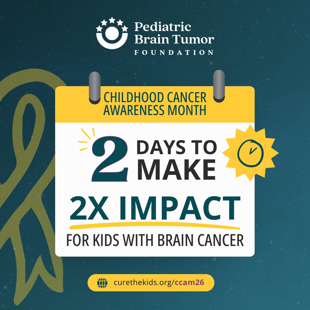 PBTF's tweet photo. Two days left! Your gift is matched 2X — funding faster research, advocacy that keeps kids' needs on the national agenda, &amp; support for families. That's more time, more options, more future for a child. No one cures childhood brain cancer alone. Give now:
https://t.co/aEfo1Xc3RK https://t.co/4GoebAfKtH