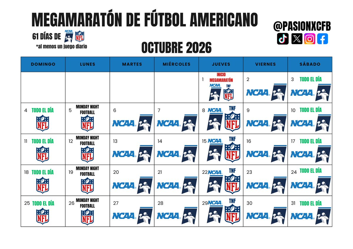 pasionxcfb's tweet photo. ¡ATENCIÓN! 🚨
Desde el 01 de Octubre comienza el MEGAMARATÓN DE #FUTBOLAMERICANO en donde serán 61 DÍAS ININTERRUMPIDOS de, al menos, 1 juego de #NCAA o #NFL al día, y aquí tendremos toda la información. 😃🏈
De momento, les dejamos el panorama, compartan esta información 🥸🏈 https://t.co/sBNIwebcrB