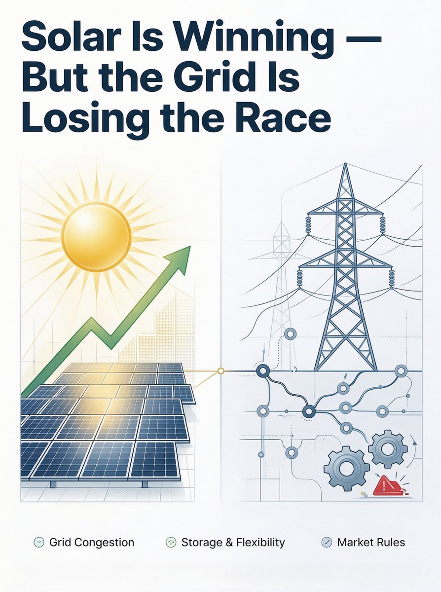 SNECPVPOWEREX's tweet photo. The IEA PVPS just dropped a striking fact: global solar is about to cross 3 TW cumulative, and annual installations are on track to hit 1 TW by end of decade.

But here's the catch — panels are no longer the bottleneck. The grid is.

⚠️ What happens when solar meets its grid limits:
• Connection queues and interconnection delays are piling up
• Midday solar floods are crashing wholesale prices — sometimes below zero
• Operators need new tools: storage, demand response, flexible exports
• Reliability is being tested as variable solar's share climbs

🌍 How countries are responding — four playbooks:

1️⃣ Smarter grids, not just bigger grids
Dynamic export limits, flexible/curtailable connections, real-time monitoring. Australia lets rooftop inverters adjust exports automatically. The UK lets projects connect faster by accepting limited curtailment instead of waiting for full grid reinforcement.

2️⃣ Prices that signal scarcity
Germany just stopped paying rooftop solar during negative-price hours. Switzerland is phasing out fixed feed-in tariffs. The message: generate when the system needs you, not just when the sun shines.

3️⃣ Storage and flexibility as default partners
Italy is planning storage and demand response to move southern solar north to demand centres. Spain is exempting batteries from grid tariffs. Controlled EV charging and energy communities are turning consumers into flexibility assets.

4️⃣ Squeeze more from existing wires
The Netherlands pioneered "cable pooling" — letting solar, wind and electrolysers share one connection. Germany is publishing grid capacity maps to steer new projects away from congestion hotspots.

SNEC's Insights

This report signals a historic inflection point for the new energy industry. For 15 years, the solar story was about manufacturing scale and falling module prices. That era is essentially over.

The next decade belongs to grid services and system integration. Three implications stand out:

🔹BESS is no longer a side bet — it's the linchpin. Every successful high-solar market is converging on co-located storage, because capture prices erode as penetration rises. The report's examples from Italy, Spain, Portugal and Austria all point the same way.
🔹China's deployment model is about to face its own grid test. With 1.46 TW cumulative and still adding 400+ GW/year, China's grid congestion and curtailment experience will become the global textbook — for better or worse.
🔹Demand is the missing half of the equation. Data centres, AI loads, controlled EV charging and green hydrogen are not just nice-to-haves. They are the demand sinks that absorb midday solar peaks and make the whole system economics work.

Solar won the technology battle. The war now is about grids, markets and flexibility.

Which do you think will move faster — grid modernization or storage deployment? Let me know below.

Source: IEAPVP
Download the Fact Sheet: 
https://t.co/g3JTHXDaEH

#SolarEnergy #GridIntegration #BESS #BatteryStorage #EnergyTransition #RenewableEnergy #SmartGrid #DemandResponse #CleanEnergy #EnergyStorage #Flexibility #NetZero #SNEC