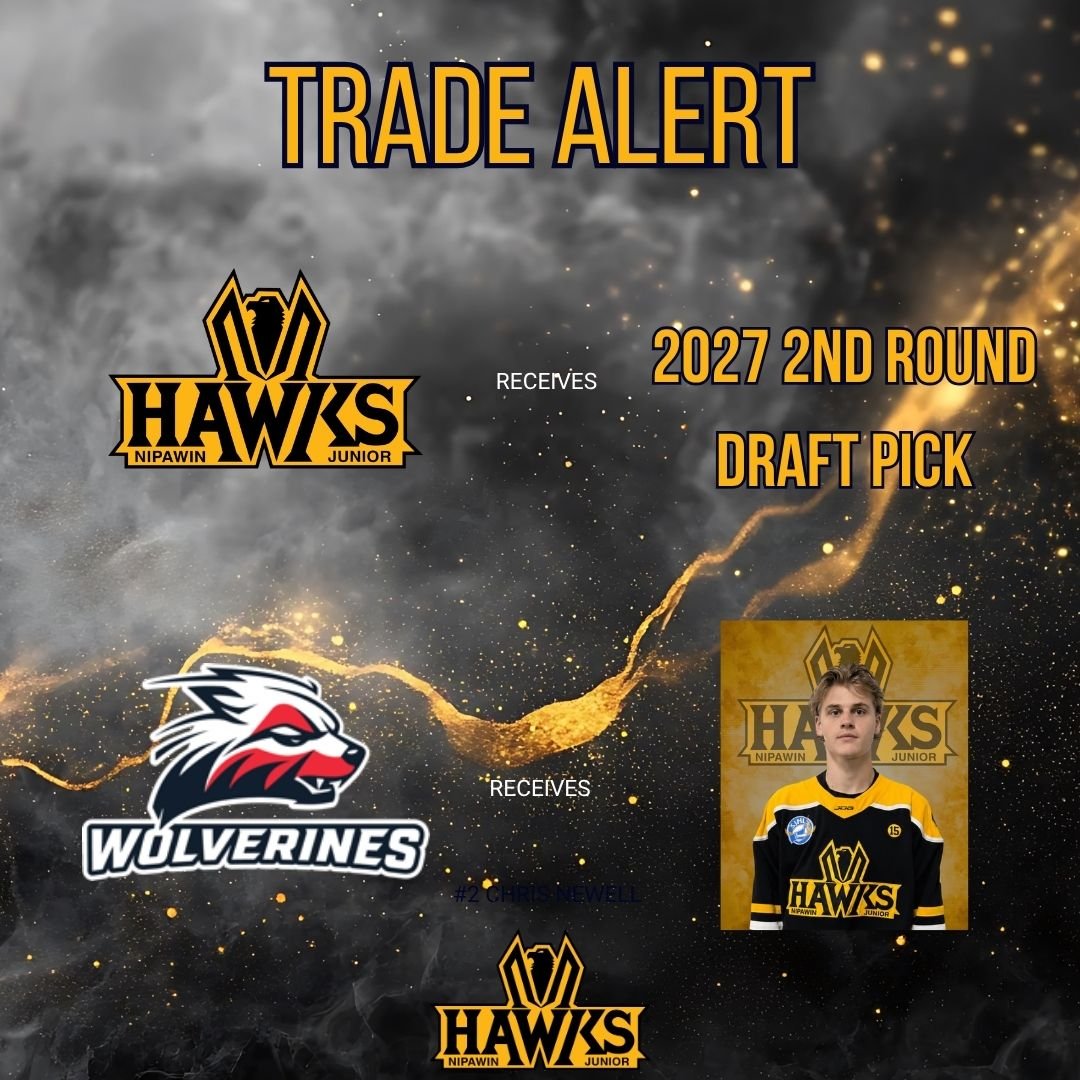 SJHL_Hawks's tweet photo. TRADE ALERT

The Nipawin Hawks have traded Noah Derouin to the Warman Wolverines in exchange for a 2027 2nd-round draft pick.

Thank you, Noah, for your time with the Hawks. We wish you all the best moving forward.

#HawkYeah https://t.co/z2DSxBFxFC