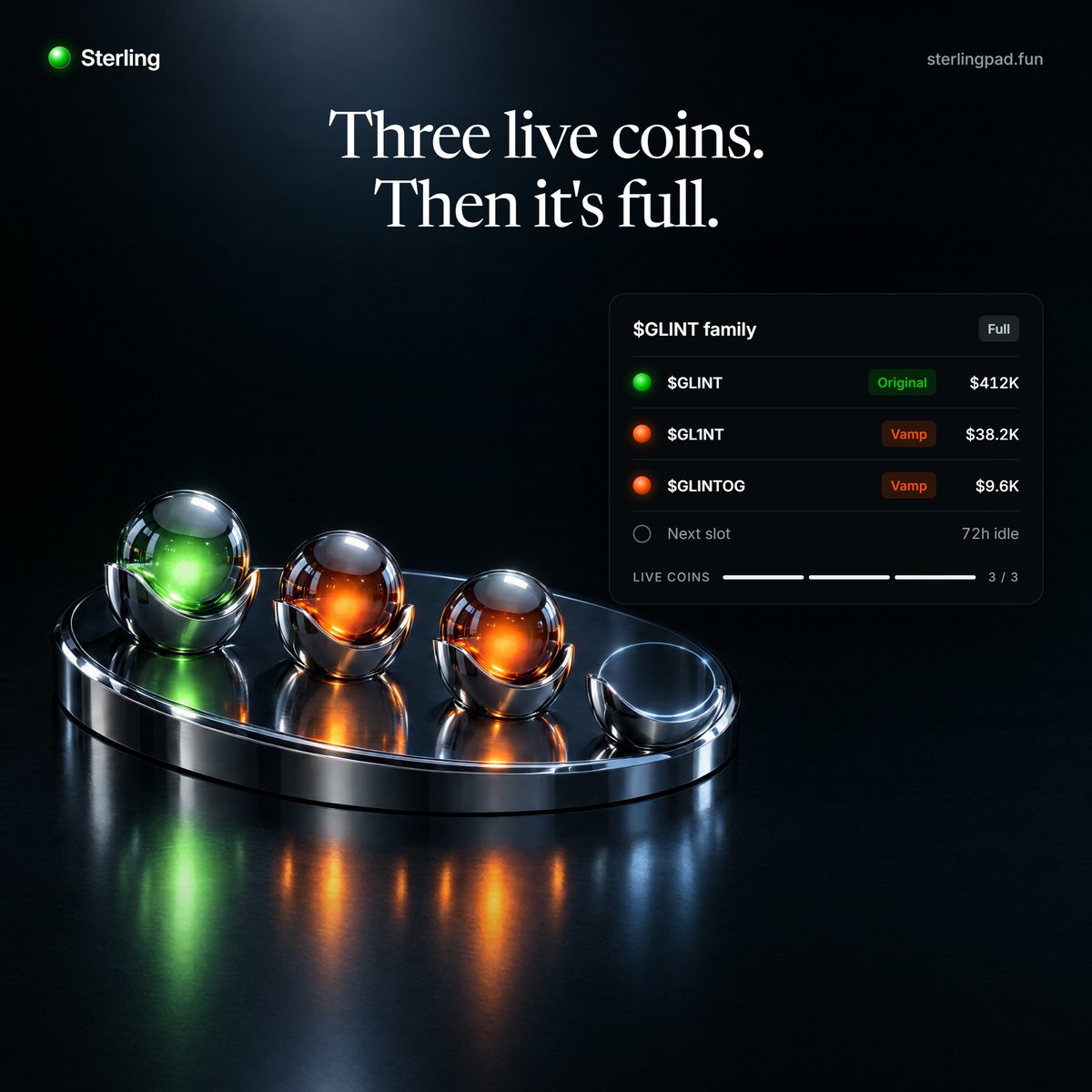 sterlingpadfun's tweet photo. Three live coins per family: the original and two vamps.

When one goes 72 hours without a trade, a slot opens. https://t.co/0ICUBryI1W