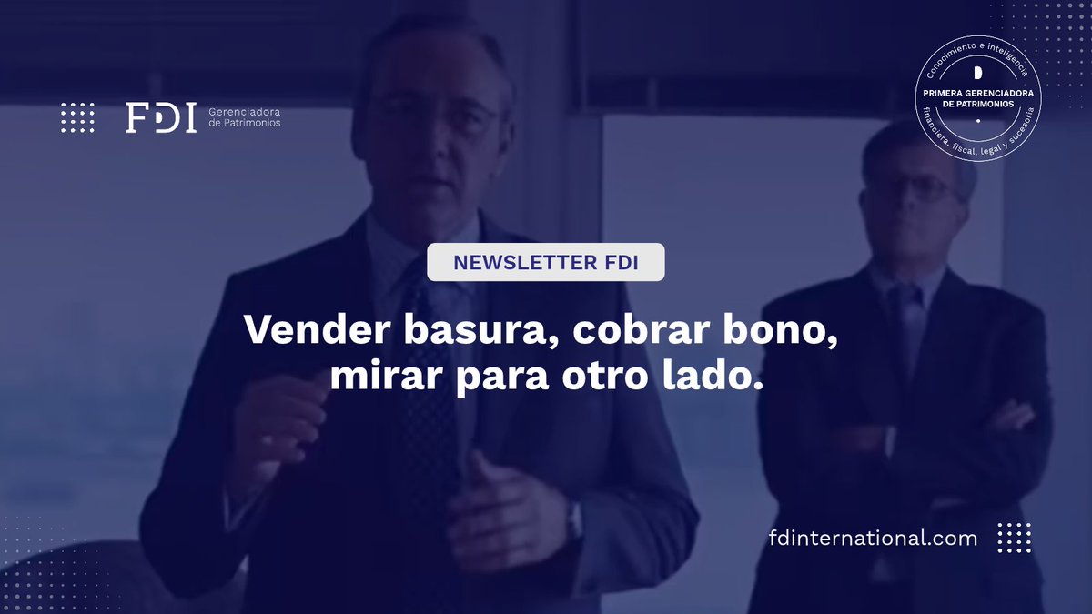 FDIadvisors's tweet photo. 💰 Vender basura, cobrar bono, mirar para otro lado.

¿Puede un asesor financiero recomendarte un producto que sabe que no es lo mejor para vos?

El conflicto aparece cuando quien te asesora cobra por venderte un determinado producto. En ese escenario, el interés del asesor y el del cliente pueden dejar de estar alineados.

En este newsletter, @marianosardans, CEO de @FDIadvisors, analiza esta problemática a partir de Margin Call y plantea una pregunta tan simple como incómoda:

¿Le recomendarías ese mismo producto a tu propia madre si no cobraras nada por hacerlo?

Una reflexión sobre conflictos de interés, comisiones y el verdadero rol de quien asesora y administra un patrimonio.

📖 Leé el newsletter completo acá: https://t.co/LkD6FMM0Kd 

#FDI #GestiónPatrimonial #ConflictoDeIntereses #Inversiones