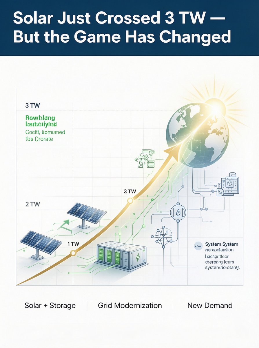 SNECPVPOWEREX's tweet photo. The IEA PVPS Trends 2026 report is out, and the numbers are staggering:

☀️ 2025 by the numbers:
• 692 GW of new solar installed — another record, up 15%
• Cumulative global PV capacity hit 2.96 TW, generating ~12% of the world's electricity
• China alone added 415 GW (60% of global total); India surged to 54 GW
• 36 countries installed over 1 GW — solar is now truly global
• 1.3 Gt of CO₂ avoided, 8.2 million jobs, USD 400 B in market activity

⚠️ But here's the plot twist:
• Manufacturing overcapacity kept module prices near rock-bottom (~USD 0.09–0.10/W in China)
• Yet curtailment, negative prices and grid connection queues are rising
• Solar's "capture price" — what it actually earns — is falling as penetration grows
• In Germany, ~25% of solar generation now occurs during negative-price periods

SNEC's Insights：

Solar has officially moved from "build more" to "use it better."

Three shifts define the next chapter:

1️⃣ Solar + storage is no longer a premium option — it's the default. Battery costs fell another 40% in 2024 to ~USD 150/kWh, and BESS additions in Europe and the USA alone jumped 27-fold since 2020 (to 79 GWh). As standalone solar's market value erodes, co-located storage is how projects stay bankable.

2️⃣ China's dominance is reshaping the entire value chain. With 1.46 TW cumulative and 60% of global additions, China sets the cost curve. But persistent overcapacity is squeezing manufacturer margins — the industry needs demand-side growth (data centres, electrification, green hydrogen) to absorb the supply.

3️⃣ The next bottleneck is grids, not panels. The report is blunt: without modernized grids, flexible demand and market reforms, terawatts of projects will stay stuck in interconnection queues. Data centres, AI loads and electrified transport are the new demand story that could absorb all this solar — if grids can keep up.

Solar is cheap. Solar is everywhere. The question now is whether the world can build the grid and market rules to actually use it.

What's the bigger bottleneck for solar's next decade — grids, storage, or policy? Let's discuss.

Source: IEAPVP
Download Free Report: 
https://t.co/ODlcmMoNYy

#SolarEnergy #Photovoltaic #RenewableEnergy #EnergyTransition #BESS #BatteryStorage #SolarPlusStorage #CleanEnergy #GridModernization #NetZero #GreenEnergy #EnergyStorage #SNEC