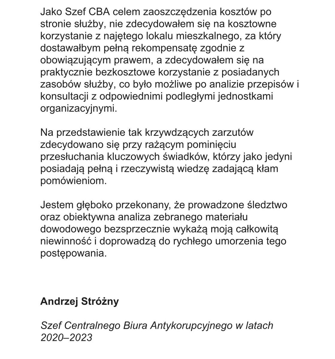 BartoszLewand20's tweet photo. ❗️Czy można być oficerem służb specjalnych, byłym szefem @CBAgovPL i otrzymać zarzuty za oszczędzenie dużych wydatków po stronie służby i do tego kosztem własnej wygody❓

Oczywiście można w „uśmiechniętej Polsce” w roku 2026.

W związku z przedstawieniem zarzutów przez Prokuraturę Okręgową w Warszawie p. @AndrzejStrozny, przedstawiam stanowisko mojego Klienta.

Rzadko zdarza się, aby zarzuty w tak oczywisty sposób nie realizowały znamion czynu zabronionego, czyn w ogóle nie był społecznie szkodliwy (a wręcz był społecznie aprobowany), a zarzuty tak daleko odbiegały od podstawy faktycznej sprawy.

Zachęcam do zapoznania się z oświadczeniem byłego Szefa CBA, (także byłego funkcjonariusza ABW, policjanta i żołnierza Wojska Polskiego) @AndrzejStrozny.❗️