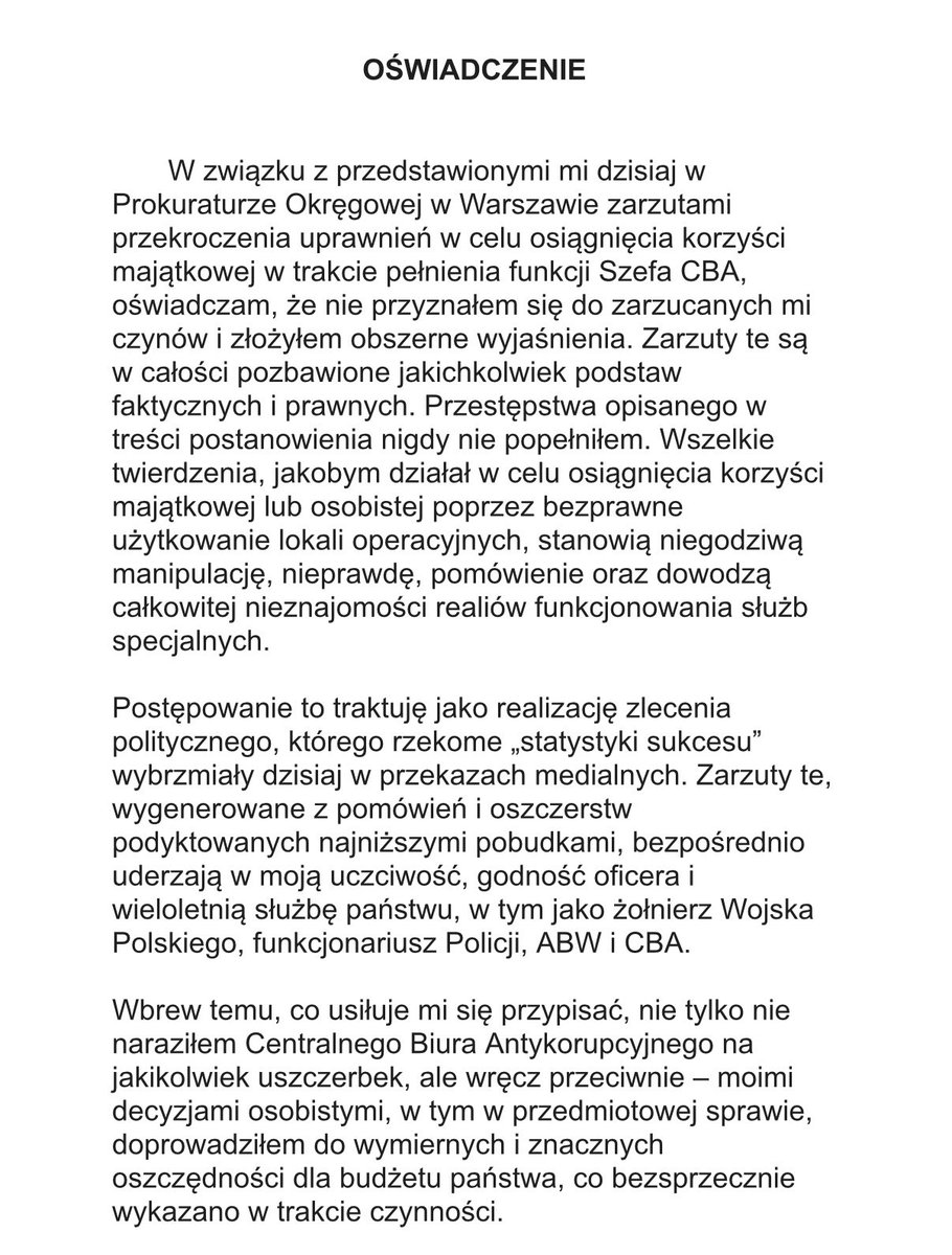 BartoszLewand20's tweet photo. ❗️Czy można być oficerem służb specjalnych, byłym szefem @CBAgovPL i otrzymać zarzuty za oszczędzenie dużych wydatków po stronie służby i do tego kosztem własnej wygody❓

Oczywiście można w „uśmiechniętej Polsce” w roku 2026.

W związku z przedstawieniem zarzutów przez Prokuraturę Okręgową w Warszawie p. @AndrzejStrozny, przedstawiam stanowisko mojego Klienta.

Rzadko zdarza się, aby zarzuty w tak oczywisty sposób nie realizowały znamion czynu zabronionego, czyn w ogóle nie był społecznie szkodliwy (a wręcz był społecznie aprobowany), a zarzuty tak daleko odbiegały od podstawy faktycznej sprawy.

Zachęcam do zapoznania się z oświadczeniem byłego Szefa CBA, (także byłego funkcjonariusza ABW, policjanta i żołnierza Wojska Polskiego) @AndrzejStrozny.❗️
