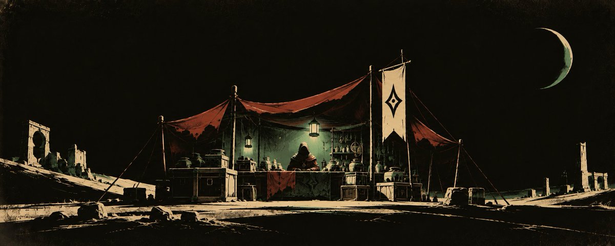 outpostszn's tweet photo. A Walker could carry goods across the desert, but every journey still needed somewhere to end. 
Sellers began raising small shelters along the surviving routes, keeping a light on long enough for others to know they could return. 
Most of them opened after sunset. Over time, people simply started calling them Night Markets.