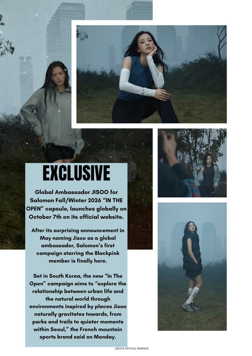 Jichuu351's tweet photo. #JISOO's first global campaign for Salomon with “In the Open,” showcasing the brand’s Fall/Winter 2026 collection 🔥

Starting October 7, purchase any pair of XT-WHISPER and receive an exclusive #JISOO FLOWER 😭

—Limited release
—Limited quantities
—Limited-time offer https://t.co/G8ItfU8Bbv