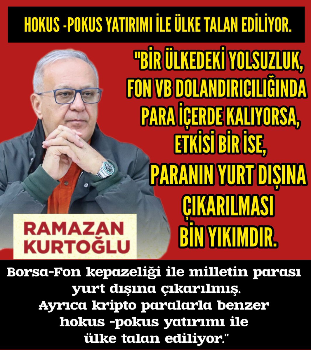 iyiphaber's tweet photo. ÜLKE TALAN EDİLİYOR

Ramazan Kurtoğlu:

"..,Borsa-Fon kepazeliği ile milletin parası yurt dışına çıkarılmış.

Ayrıca kripto paralarla benzer hokus -pokus yatırımı ile ülke talan ediliyor." https://t.co/Ejy3SOxe0q