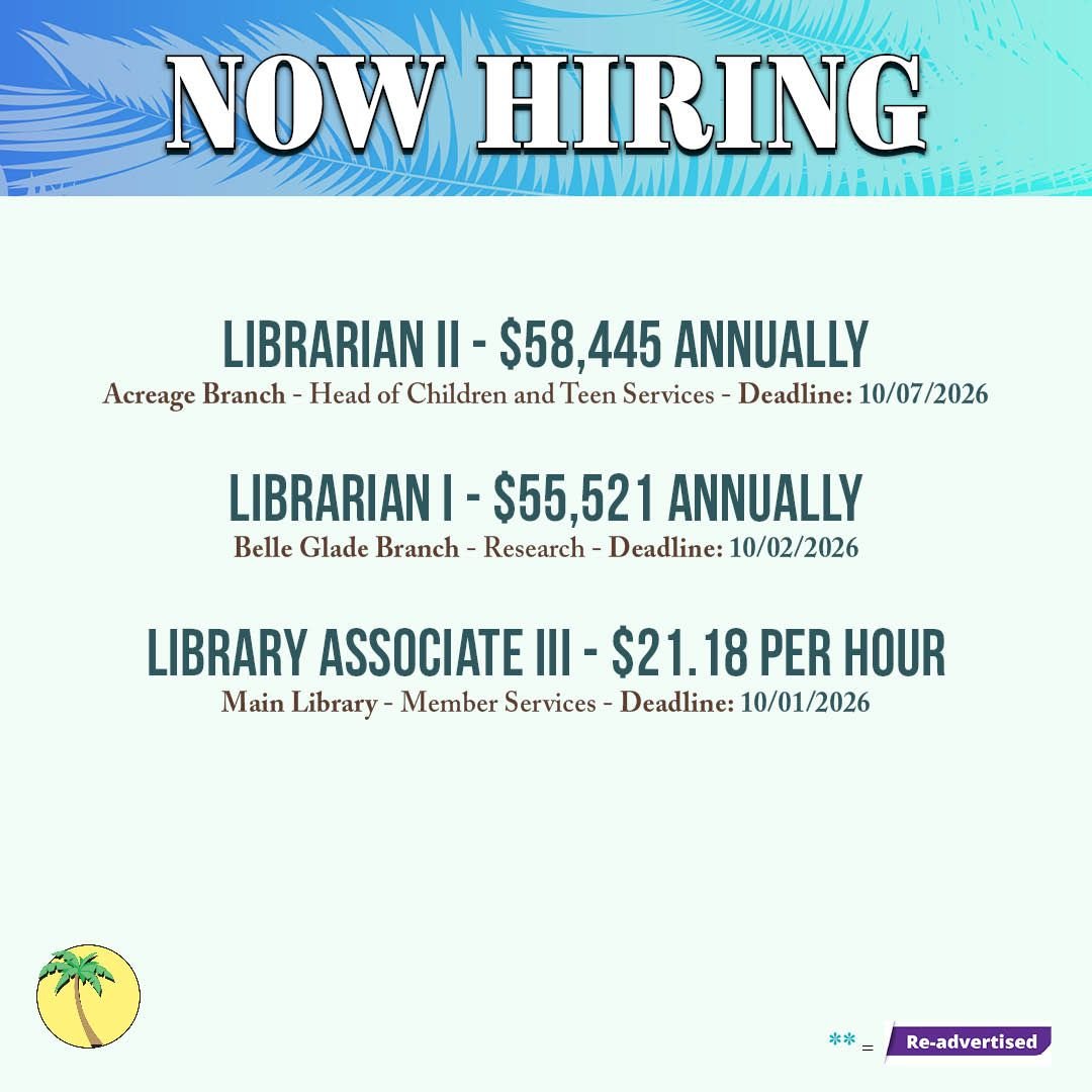 pbclibrary's tweet photo. Ready to launch your career? Check out our opportunities and apply today! We have many great benefits, including health insurance, tuition reimbursement, Florida Retirement System &amp; more!

✨ Start your journey with us! Link in bio.

#Employment #pbclibrary #jobs https://t.co/LwwPzTWBWX