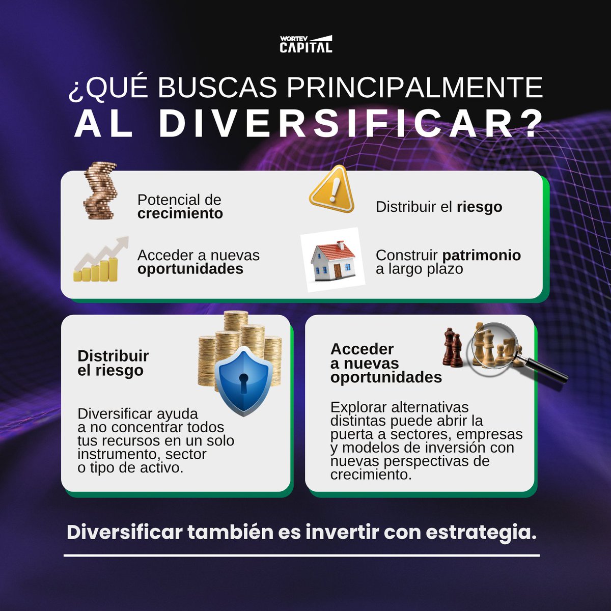 wortevmexico's tweet photo. Diversificar también implica distribuir tu patrimonio entre diferentes alternativas, sectores y niveles de exposición.

Entender el papel que puede ocupar cada alternativa dentro de tu estrategia ayuda a tomar decisiones alineadas con tus objetivos y horizonte financiero.

Conoce más sobre cómo diversificar y fortalecer tu patrimonio en nuestro news: https://t.co/srFYgl8KZ5

#Diversificacion #EstrategiaFinanciera #EducacionFinanciera #Patrimonio #CapitalEmprendedor #OportunidadInversión #WortevCapital