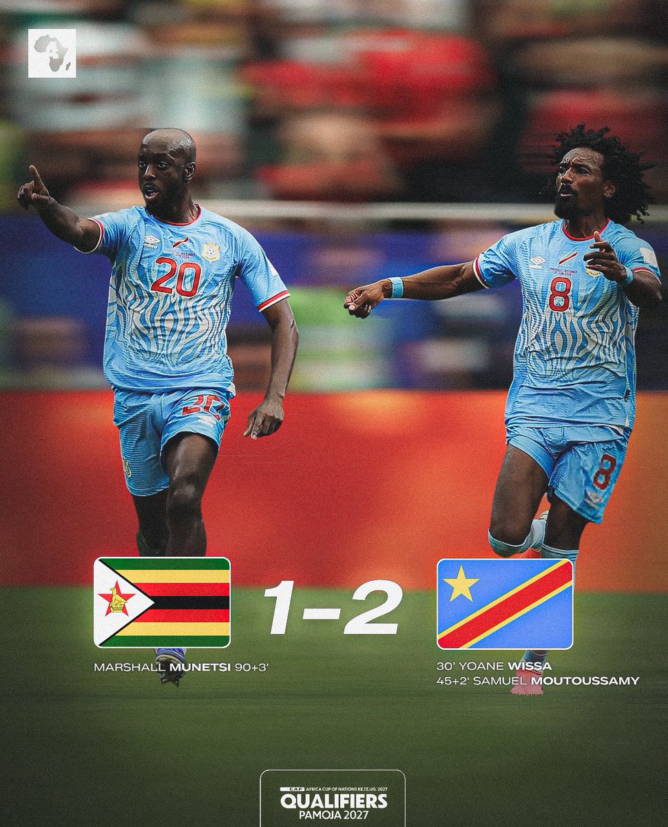 ActuFootAfrique's tweet photo. 🚨 La RD Congo 🇨🇩 𝑺’𝑰𝑴𝑷𝑶𝑺𝑬 face au Zimbabwe 🇿🇼 (1-2) et réalise le 2️⃣/2️⃣ en 𝗠𝗘𝗖𝗛𝗔𝗡𝗧 ! 🌍🩵🔥 https://t.co/dFt5vAZtdy