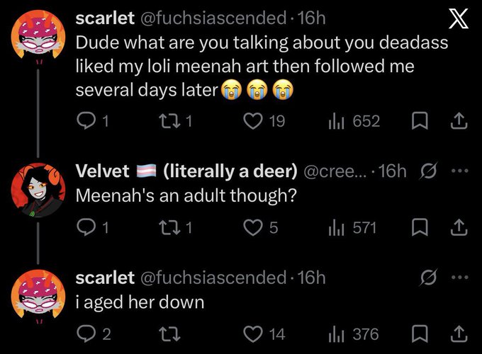 qlcoholic's tweet photo. @jacoocootheate pretty much, someone named scarlet drew meenah in an explicit manner and  "aged down" and now its a century of humiliation for all meenah fans https://t.co/jJNKUguUJP