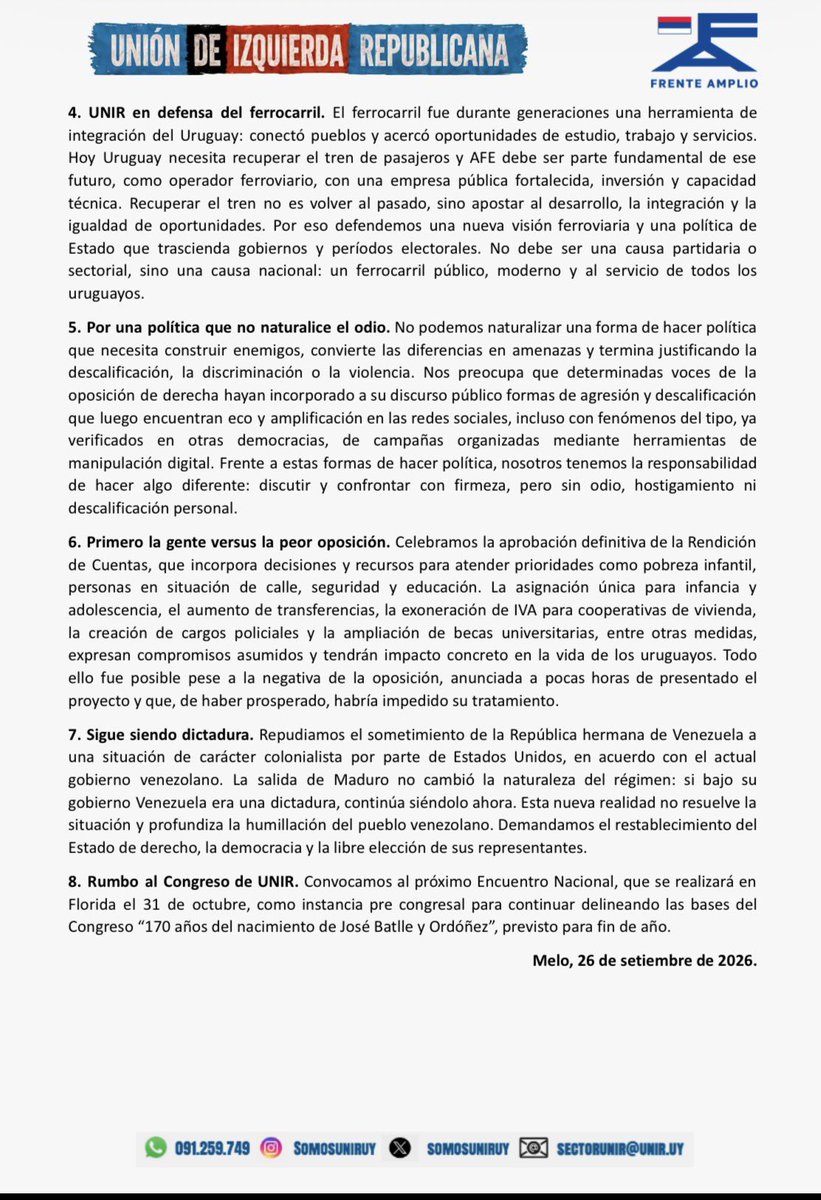 somosuniruy's tweet photo. Declaración del 3er Encuentro Nacional en Cerro Largo:

🚆 Recuperar el tren de pasajeros y AFE.

🚫 Tolerancia cero a la narcopolítica.

🇻🇪 Si bajo Maduro era dictadura, hoy también lo es; repudiamos el tutelaje colonial.

🛑 No a la política del odio.

👇👇👇👇 https://t.co/Van3enWbF6