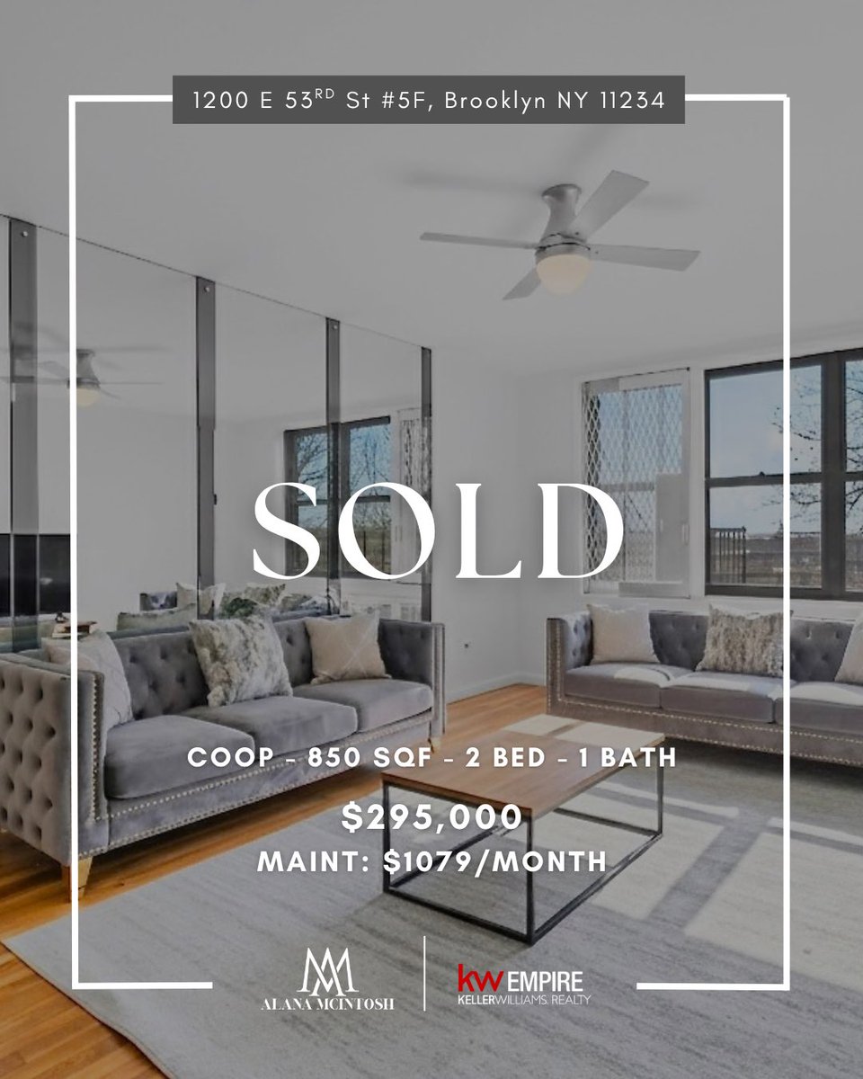 closedbyalana's tweet photo. 🔑 Another Brooklyn home officially SOLD!

📍1200 E 53rd St Unit 5F, Brooklyn, NY
2 BED | 1 BATH | COOP
Sale Price: $295,000
Maintenance: $1,079/Month

—
📞 646.820.8441
📧 amcintosh@kw.com
🌐 https://t.co/aOXDWAL307

#BrooklynRealEstate #JustSold #BrooklynHomes #NYCRealEstate https://t.co/OlJdRp1ZNG