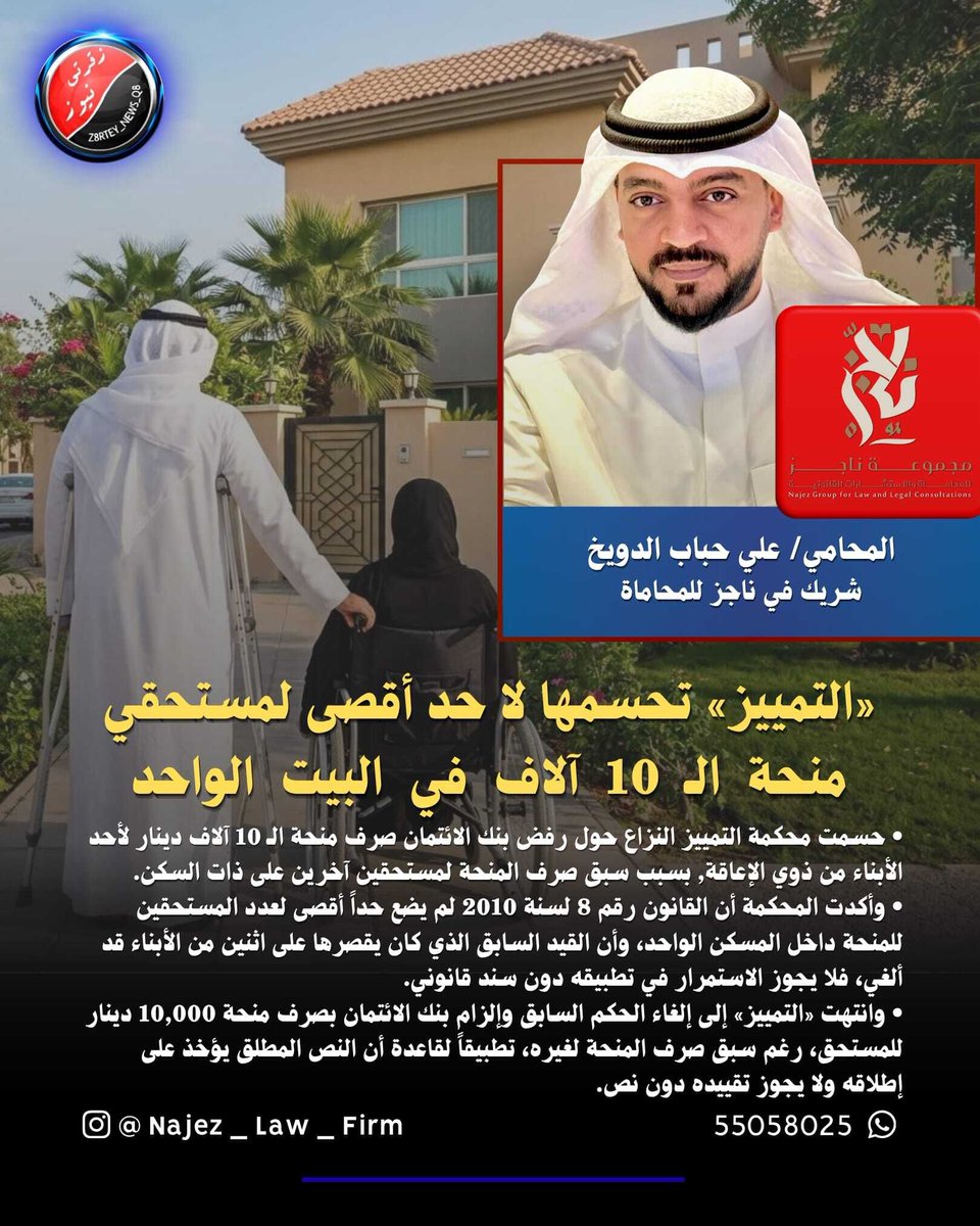 z8rtey_news_q8's tweet photo. المحامي/ علي حباب الدويخ
 شريك في ناجز للمحاماة

«التمييز» تحسمها لا حد أقصى لمستحقي منحة الـ 10 آلاف في البيت الواحد

• حسمت محكمة التمييز النزاع حول رفض بنك الائتمان صرف منحة الـ 10 آلاف دينار لأحد الأبناء من ذوي الإعاقة, بسبب سبق صرف المنحة لمستحقين آخرين على ذات السكن.
 • وأكدت المحكمة أن القانون رقم 8 لسنة 2010 لم يضع حداً أقصى لعدد المستحقين للمنحة داخل المسكن الواحد، وأن القيد السابق الذي كان يقصرها على اثنين من الأبناء قد ألفي، فلا يجوز الاستمرار في تطبيقه دون سند قانوني.
• وانتهت «التمييز» إلى إلغاء الحكم السابق وإلزام بنك الائتمان بصرف منحة 10,000 دينار للمستحق، رغم سبق صرف المنحة لغيره، تطبيقاً لقاعدة أن النص المطلق يؤخذ على إطلاقه ولا يجوز تقييده دون نص.

📲 55058025

انستاNajez_Law_Firm