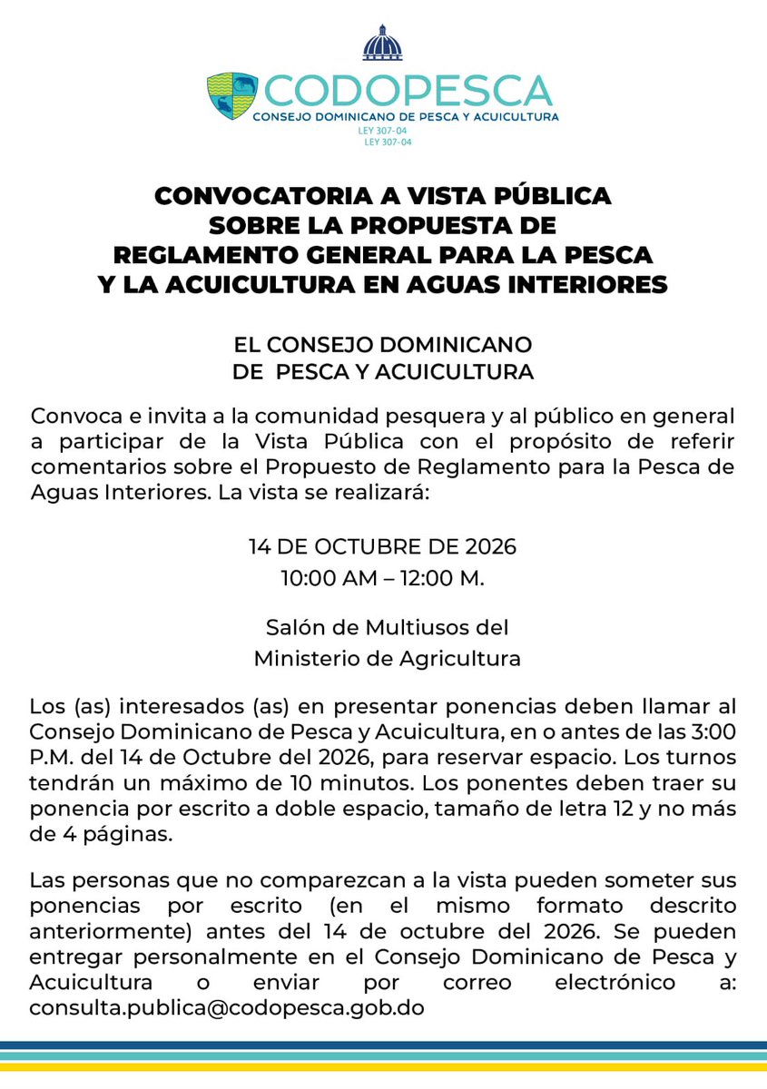 CODOPESCARD's tweet photo. CODOPESCA convoca a la Vista Pública sobre la propuesta de Reglamento General para la Pesca y la Acuicultura en Aguas Interiores.

📅 14 de octubre | ⏰ 10:00 a. m. – 12:00 m.
📍 Ministerio de Agricultura

 Tu participación es importante. https://t.co/dUS6xQzVf8