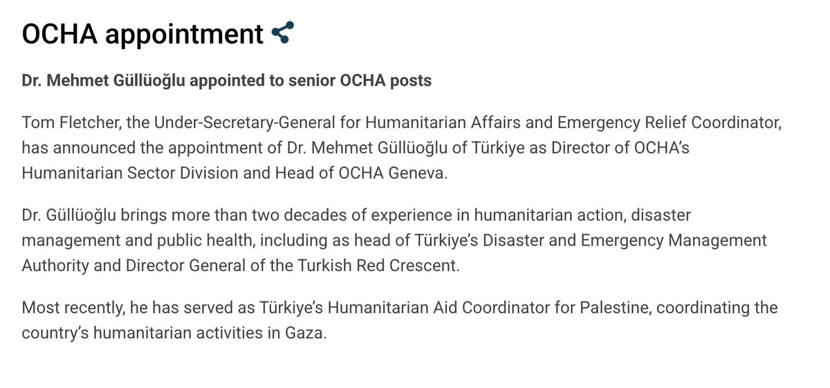 iclalturan's tweet photo. 🇹🇷 BM'DE üst düzey Türk ataması

Dr. Mehmet Güllüoğlu @mgulluoglu , BM İnsani Yardım Koordinasyon Ofisi'nde (OCHA) İnsani Yardım Sektörü Bölümü Direktörü ve OCHA Cenevre Ofisi Başkanı oldu. https://t.co/0srrCRMXBy