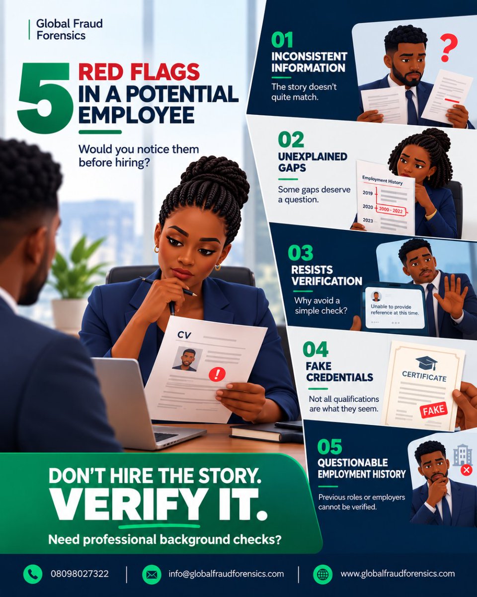 FraudXposeNG's tweet photo. A candidate can look perfect on paper and still have details worth questioning.
A background check isn't about assuming the worst. It's about verifying what you're being told before you put someone in a position of trust.

Don’t hire the story. Verify it. Talk to Global Fraud https://t.co/VSGmtepTZf