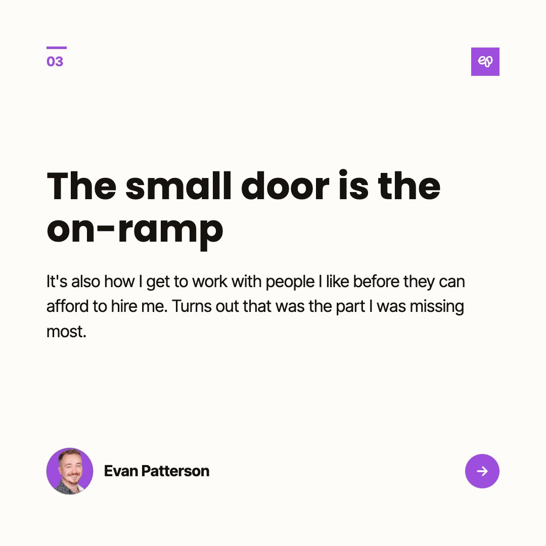 evanmpatterson's tweet photo. My objection to selling a small, cheap offer was that it would eat my time and not pay my bills.

I still think the second part is true. Nobody's covering rent with a $100 product. The first part I had backwards.

The person who buys the small thing is, in a lot of cases, the big client, early. They buy the small thing, use it to make a little more money, and now they can afford the medium thing, and a year later they can afford me. I was asking strangers to go from a post to several thousand dollars a month in one jump, and calling it a demand problem when they didn't.

So the small door is the on-ramp. It's also how I get to work with people I like before they can afford to hire me, which, it turns out, was the part I was missing most.