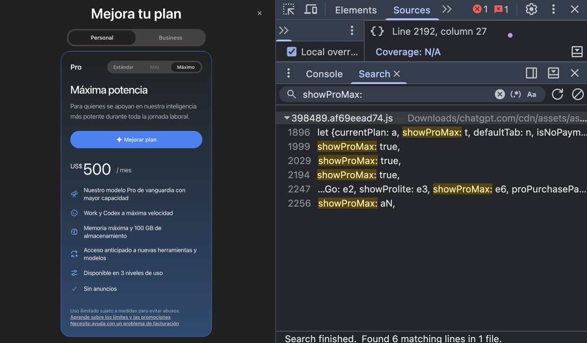 midudev's tweet photo. ¡Bombazo! OpenAI anunciará mañana una nueva suscripción de 500$ para usar ChatGPT.

Está escondido en la página de suscripción y se puede activar editando el JavaScript.

¿Lo pagarías? https://t.co/23Ahc55k8L
