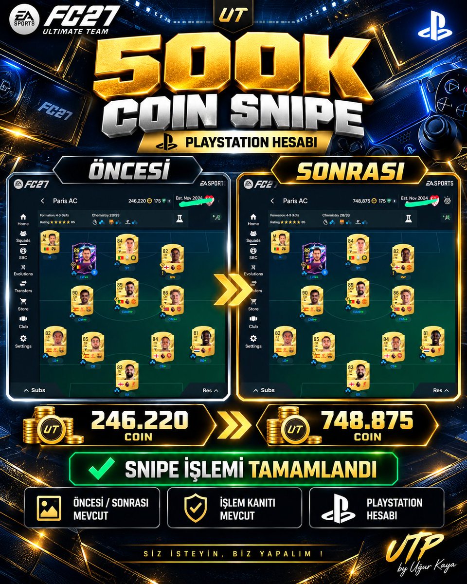 UTPCoinService's tweet photo. 🚨 500K Coin Snipe completed! 🪙🔥
🎮 PlayStation account
📸 Before & After available
✅ Transaction proof available
246,220 → 748,875 Coins
Another successful operation by UTProfessor. 💪
#FC27 #UTProfessor #CoinSnipe https://t.co/TzTd7QQM5Q