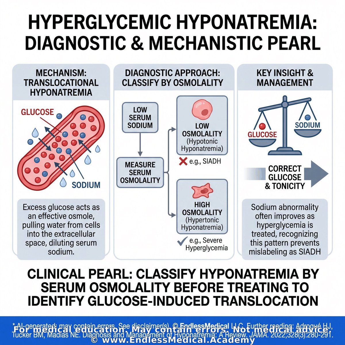 EndlessMedical's tweet photo. 📿 Medical Pearl

Category: Nephrology: Kidney Disease Diagnosis and Management > Electrolyte Disorders > Hyponatremia

A low sodium with a high serum osmolality usually means another effective osmole is pulling water into the extracellular space.

Recognizing that pattern prevents mislabeling hyperglycemic emergencies as SIADH.

The basic takeaway is to classify hyponatremia by serum osmolality before treating it.

An advanced insight is that hyperglycemia produces translocational hyponatremia, so the sodium abnormality often improves as the glucose and tonicity are corrected.

🎬 Watch the video explanation: https://t.co/GmGUnzYrmO

🔗 Learn more: https://t.co/bLZtWDSDGg

#DoctorsOfTwitter #MedicalEducation #MedStudent

@MedTwitter @MedEdChat

Dig deeper on this topic at https://t.co/ofNUUCifgT, where multiple AI models debate, cross-check references, and verify calculations to give you the most updated and accurate medical information with minimal hallucinations and errors.

Verified, approved and authored using AI by Lukasz Kiljanek MD, board-certified in Internal Medicine, Nephrology and Hypertension
*For medical education. May contain errors. Intended for licensed healthcare professionals & educators. Not medical advice. Full disclaimer: https://t.co/d57C8xdFf2