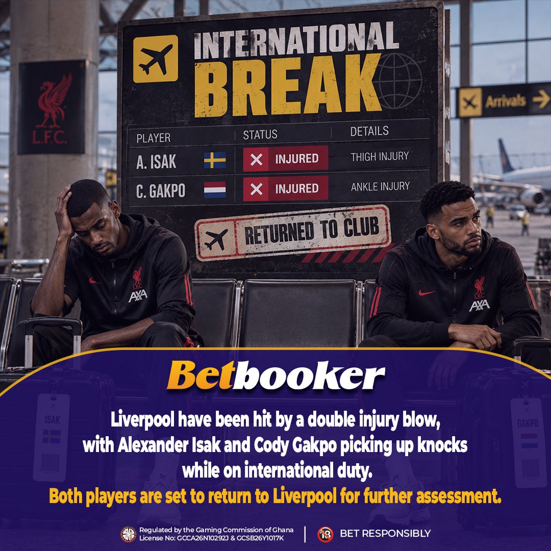 Betbooker's tweet photo. International break collecting Liverpool players like trophies.

Isak 🤕
Gakpo 🤕

Liverpool fans, you dey okay? 👀🔴

#Betbooker #Liverpool #circle https://t.co/mirFsQMLdk