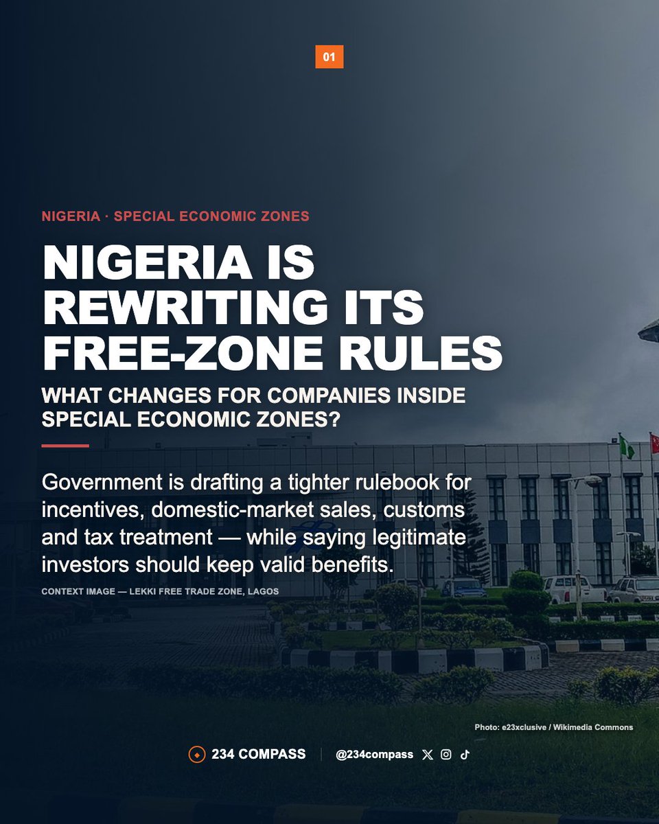 234compass's tweet photo. Nigeria is rewriting its free-zone rules.
The key distinction: market access, customs treatment and tax treatment are not the same thing.
Government is also moving toward a 75% export / 25% domestic-sales framework — but the final operative rules are still being drafted.
#Trade https://t.co/kU3vVOzSC1