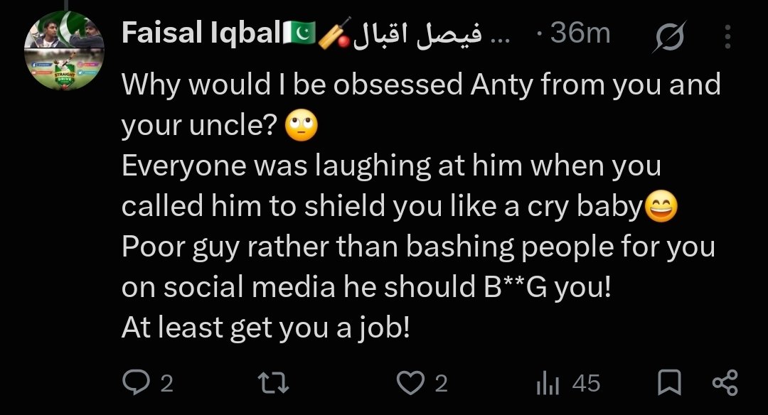 AatifNawaz's tweet photo. These are two tweets Faisal Iqbal (former Pakistan Cricketer) sent to my wife today. This is his character. This is his class. These cricketers are supposed to be role models and aspirational figures and yet this is the language he uses with women. My wife explicitly asked me not to get involved. But who amongst you could read such vile, filth from this pathetic uncouth man and not respond. The discussion began with a point on the Mohammad Rizwan investigation. Iqbal made a post where he implied Rizwan's refusal to cooperate with NCCIA is him hiding something. When my wife corrected him that it's an ongoing investigation and he should use his profile more responsibly, this pathetic man's ego couldn't handle it and he felt it appropriate to speak like this. @MohsinnaqviC42 @NCCIAOfficial Please take immediate action so no woman has to be the target of this man's cheap targeted harassment again.