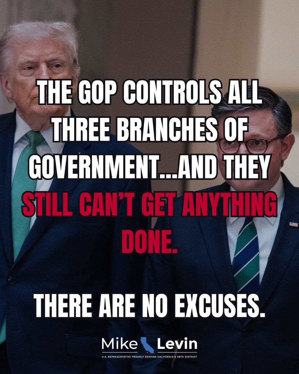 A political graphic featuring two men in suits, with large overlaid text criticizing Republican control of government. A name and congressional district line appear at the bottom.