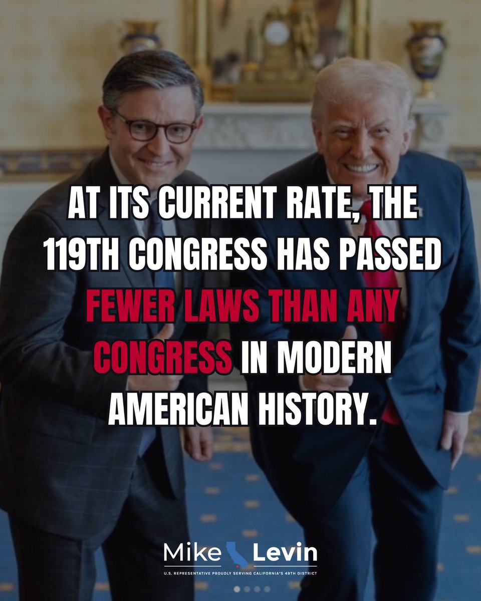 A political graphic shows two smiling men in suits standing together indoors. Large overlaid text makes a claim about the 119th Congress passing fewer laws than any modern Congress. A representative's name and office branding appear at the bottom.