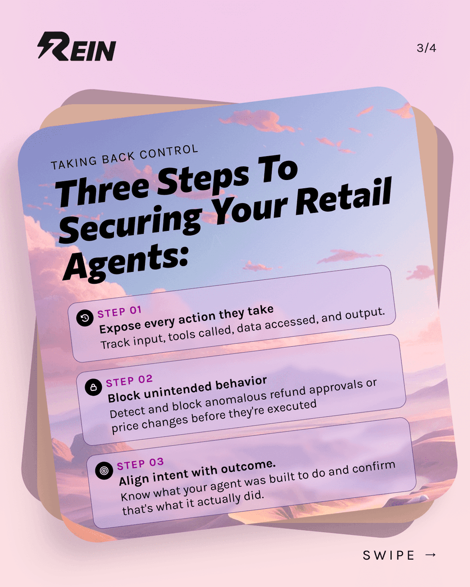 ReinAgentSec's tweet photo. How much visibility do you have into what your retail agents did yesterday?

Pricing. Inventory. Refunds. All at machine speed.

Here's expected vs. actual agent behavior and what runtime visibility looks like: https://t.co/FMSz9eg13R