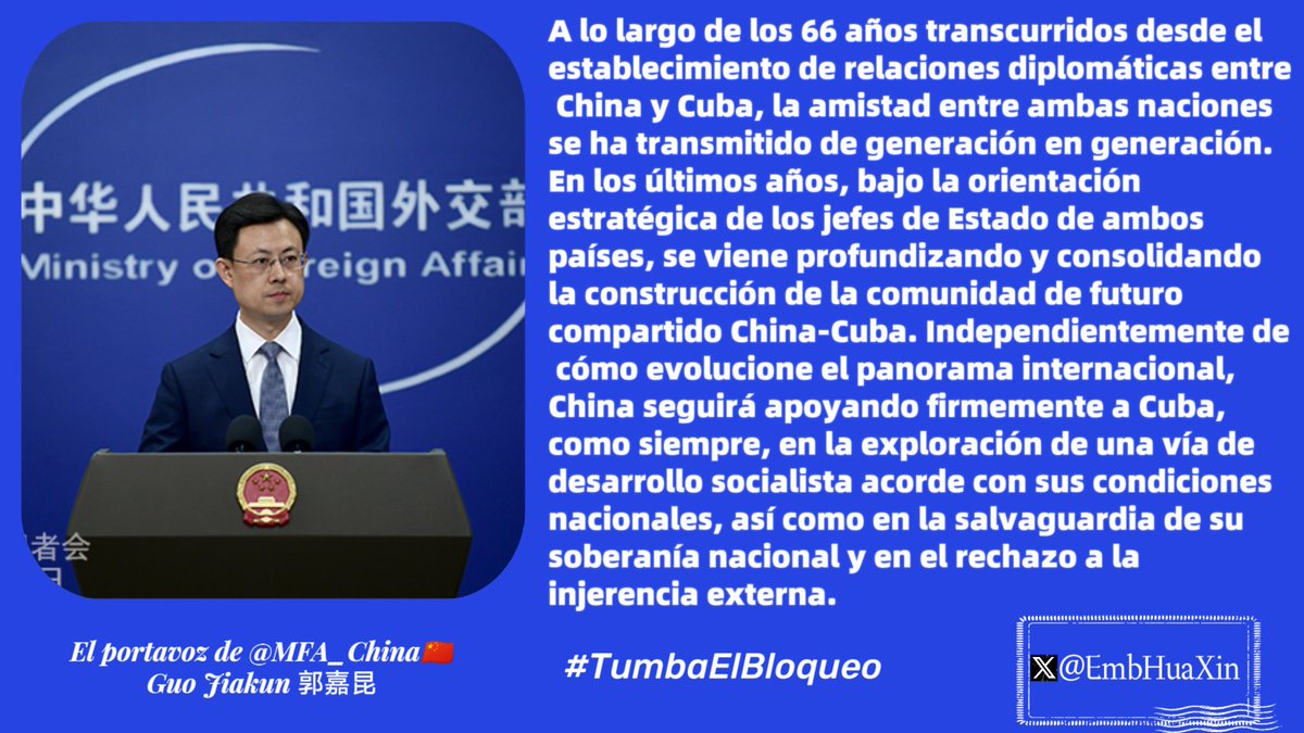 EmbHuaXin's tweet photo. China seguirá apoyando firmemente a #Cuba, como siempre, en la exploración de una vía de desarrollo socialista acorde con sus condiciones nacionales, así como en la salvaguardia de su soberanía nacional y en el rechazo a la injerencia externa. https://t.co/VgLUA1rxp1
