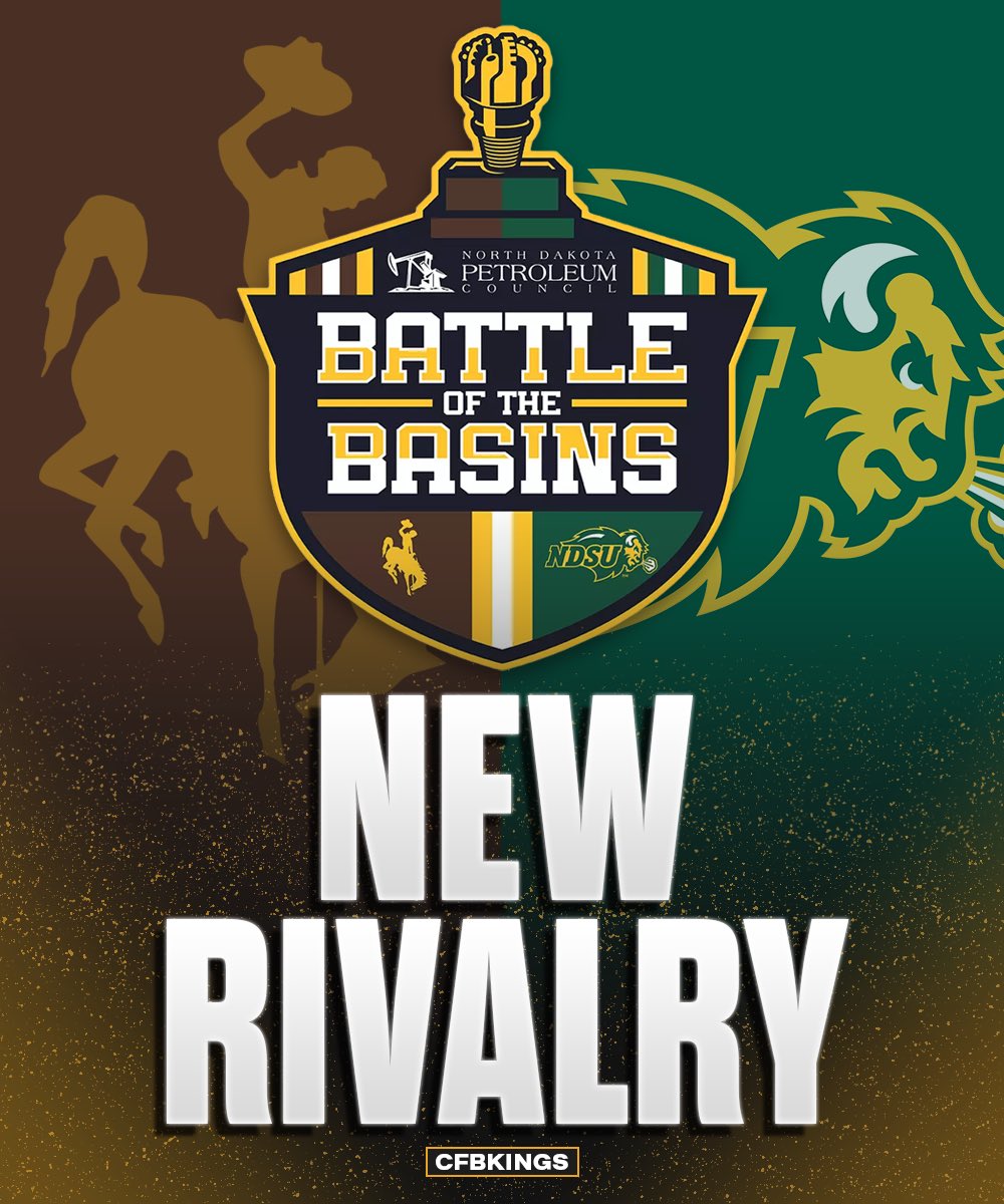 CFBKings's tweet photo. North Dakota State and Wyoming have created a new Mountain West rivalry called the “Battle of the Basins” 🔥

The two will play each season for a trophy that features a “10-inch replica of a drill bit representing the oil basins and rich history of the petroleum industry in both states.”