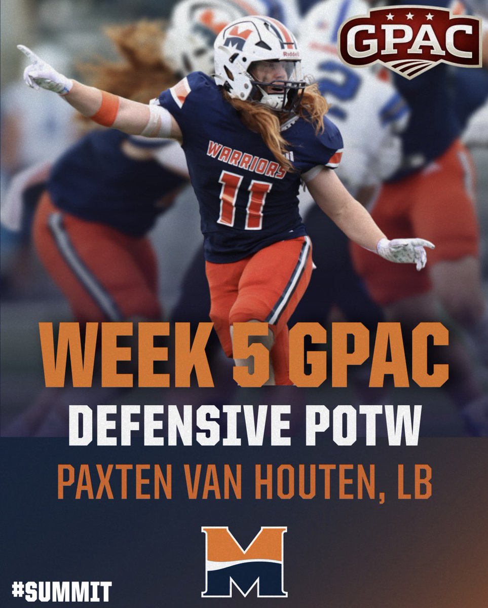 MidlandU_FB's tweet photo. Playing Like His Hair Is On Fire🔥‼️

Paxten Van Houten earns Week 5 GPAC Defensive Player of the Week‼️🤩 Congratulations @PaxtenVanHouten!!

#SUMMIT https://t.co/dQ7Q5Tz9fm